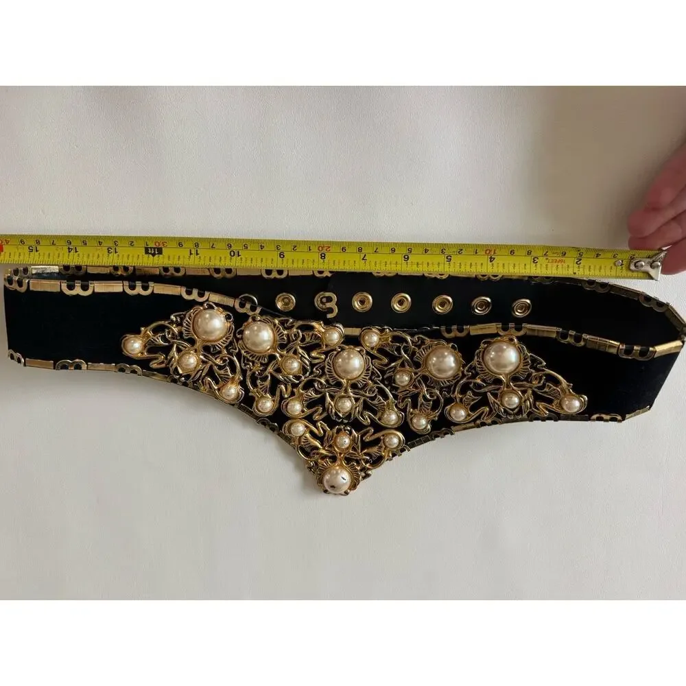Vintage Baroque Faux Pearl Corset Belt Gold Filigree Black Velvet Maximalist